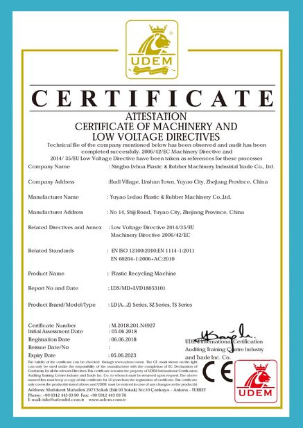 Chiny NINGBO LVHUA PLASTIC &amp; RUBBER MACHINERY INDUSTRIAL TRADE CO.,LTD. Certyfikaty